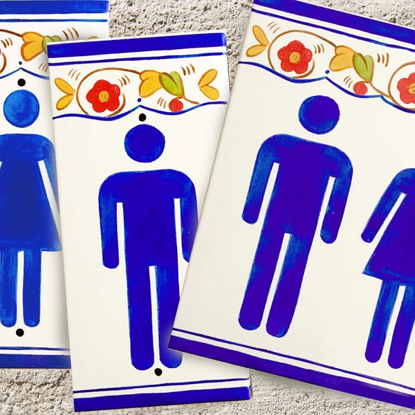 Bathroom Door Signs That Are Hand Painted on Porcelain Decorative Tiles, Cobalt Blue Men's Room and Women's Room Porcelain Washroom Sign