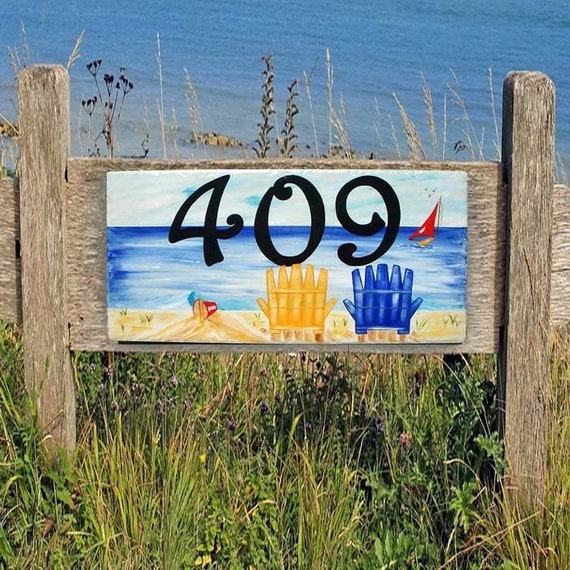 House Number, Nautical Beach House Number Sign, Ocean Address Plaque, Hand Painted Housewarming Gift