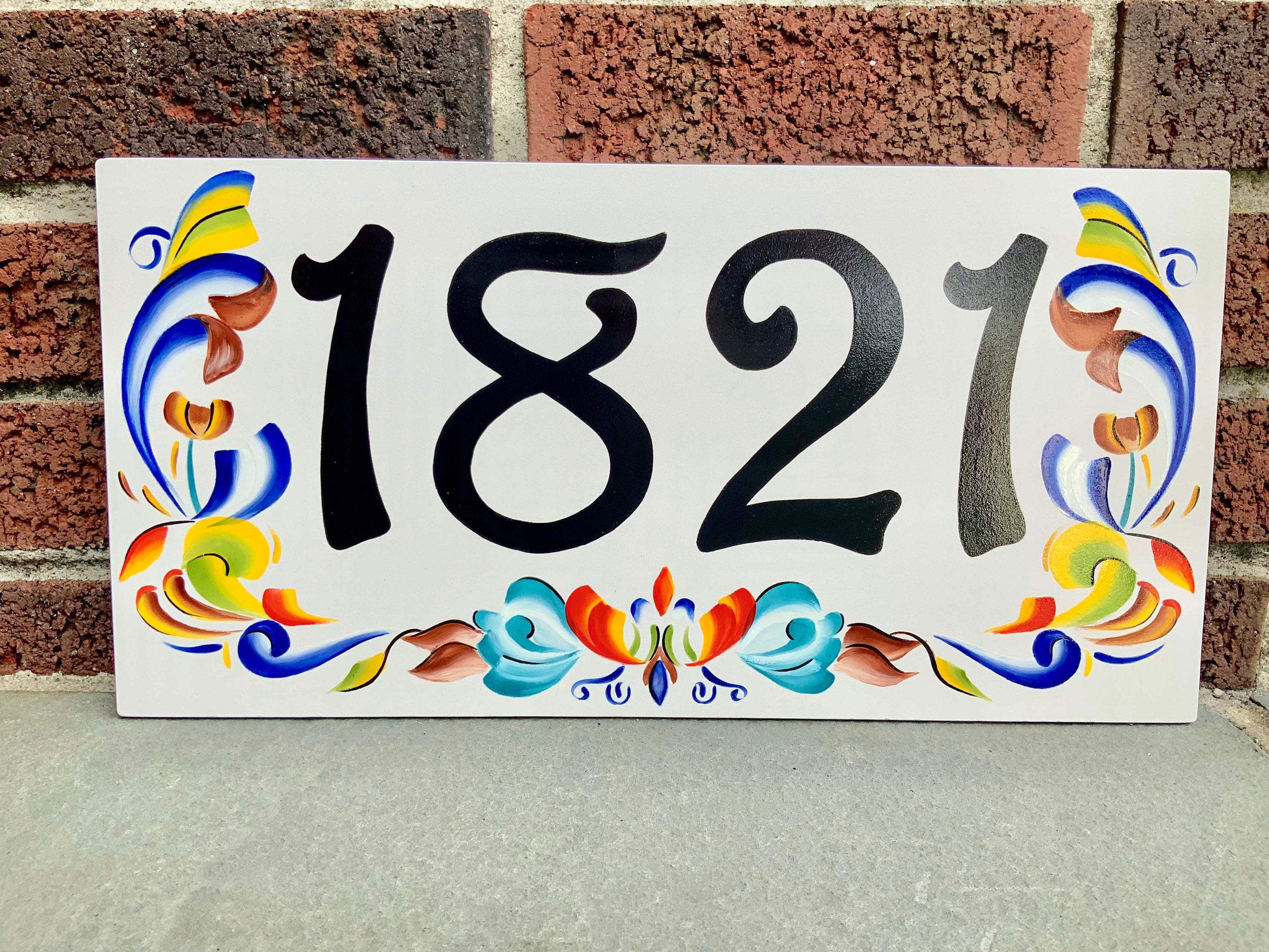 Rosemaling House Number Plaque. Decorative Folk Art Outdoor Sign