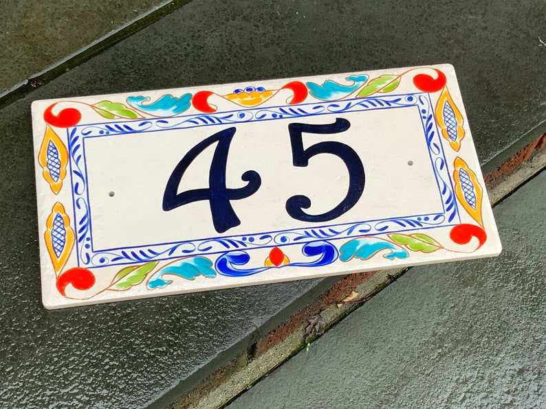 Hand painted Italian house number plaque with cobalt blue.