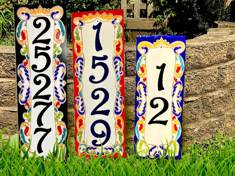 Vertical Italian beautiful house number plaques, very colorful, hand painted. Choose from 7 border colors and 3 sizes.