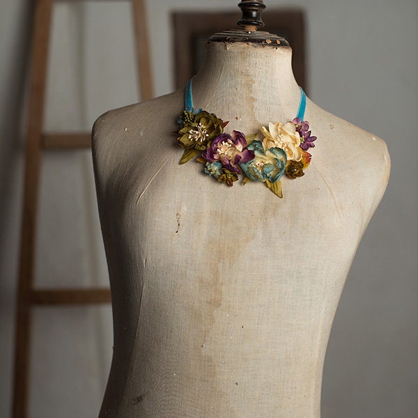 English Roses- Silk fabric flowers bib necklace- velvet ribbon- Teal