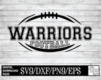 May include: Black and white graphic design of a football with the word "WARRIORS" above and "FOOTBALL" below. The design is on a woodgrain background.