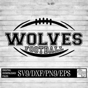 May include: Black and white graphic design of a football with the word "WOLVES" and "FOOTBALL" written inside. The design is on a woodgrain background.