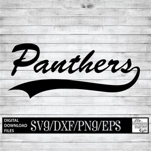 May include: Black and white graphic design of the word "Panthers" in a vintage baseball style font with a black curved line underneath the word.
