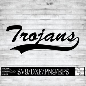 May include: Black Trojans script design with a swoosh on a white wood grain background. The words "Digital Download Files" are at the bottom, along with "SVG/DXF/PNG/EPS". The logo for "Impressions Matter" is in the bottom right corner.
