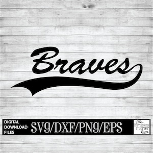 May include: Black and white graphic of the word "Braves" in a retro baseball font with a black curved line underneath.