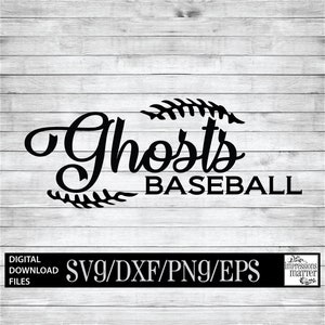 May include: Black and white digital download design for a baseball team called "Ghosts Baseball". The design features a baseball with a stitched seam and two sprigs of leaves.