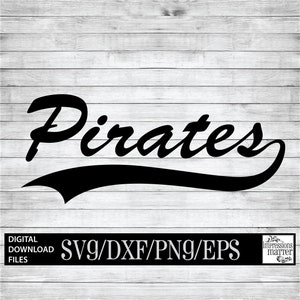 May include: Black and white graphic design of the word "Pirates" in a vintage baseball style font with a black and white curved line underneath the word.