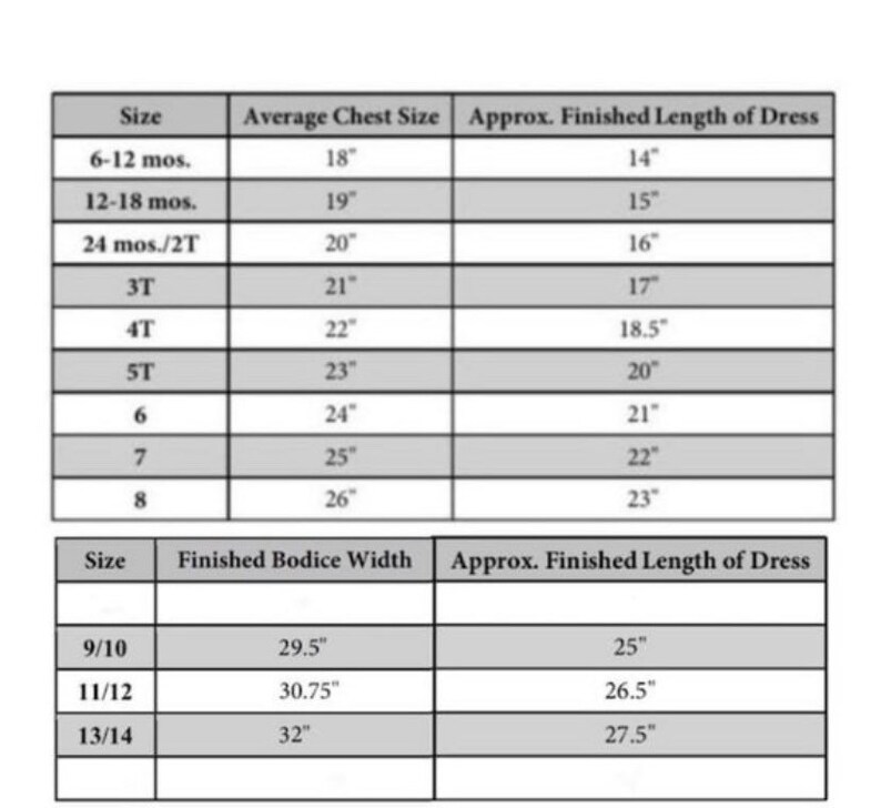 Pu&ograve; includere: Un grafico che mostra le taglie dei vestiti per bambini, con la taglia media del torace corrispondente e la lunghezza finita approssimativa del vestito in pollici.