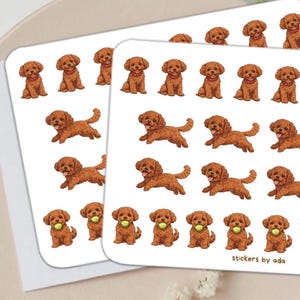 Puede incluir: Dos hojas de pegatinas con ilustraciones de cachorros marrones en varias poses. Algunos cachorros están sentados, otros corriendo y otros sosteniendo una pelota amarilla. El texto "stickers by ada" es visible en la esquina inferior derecha de una hoja.