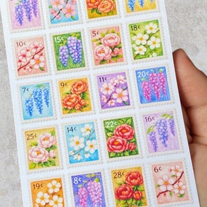 Stickervel nep postzegel met bloemen | Minibloemstempels voor dagboek, plakboek, planner