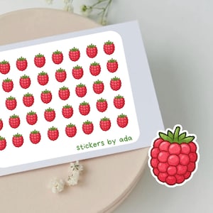 Puede incluir: Una hoja de pegatinas de frambuesas con borde blanco, con un patrón repetido de frambuesas rojas con hojas verdes. También se muestra una sola pegatina de frambuesa. El texto "stickers by ada" está impreso.