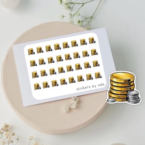 Pegatinas de monedas en miniatura para usar en una agenda diaria, bullet journal, calendario o agenda. Estados financieros, préstamos, pagos, salarios.
