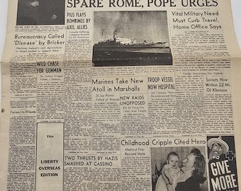Original 1944 WWII Newspaper The Boston Herald Complete Issue March 13 Britain Seals Ireland Marshall Islands Boston Navy Yard LSTs Comics