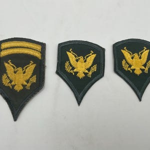 May include: Three dark green embroidered military patches with gold thread detailing. The left patch features two horizontal bars above an eagle emblem, while the two patches on the right display a single eagle emblem with wings spread wide.
