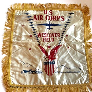 Vintage WWII U.S. Air Corps Satin Pillow Cover: Westover Field Souvenir