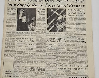 Vintage WWII Newspaper The Boston Herald May 15 1944 Allies Split Gustav Line Burma Bases Squeezed Liberty Overseas Edition