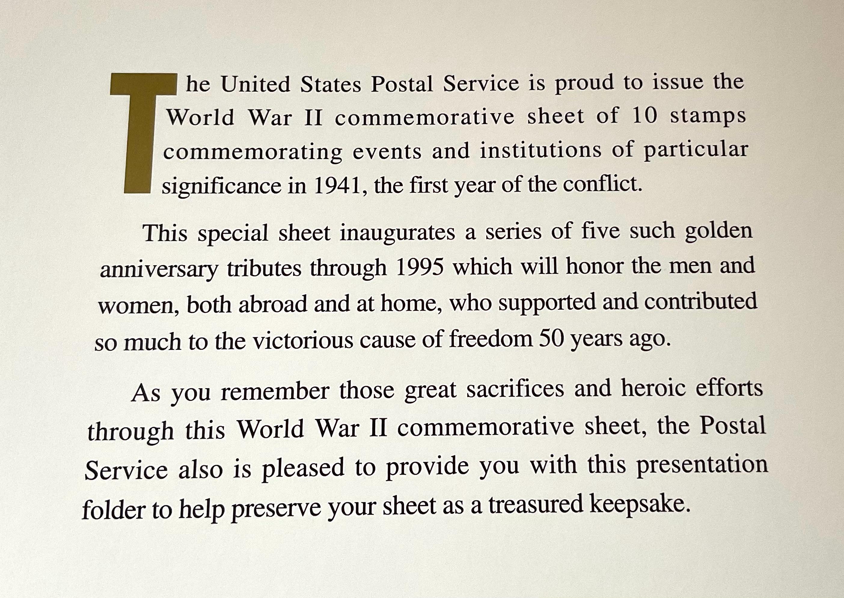 第二次世界大戦50周年記念切手セット - 米国郵政公社 1941年記念