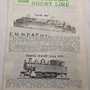 May include: A Northwest Short Line product catalogue page featuring black and white illustrations of two model trains. The top image shows a C. M. St. P. & P. EF-4 Little Joe electric locomotive, and the bottom image shows a Baldwin 0-8-0T steam locomotive.