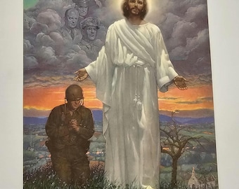 Litografia 5x7 "Avante, Soldados de Cristo" da Segunda Guerra Mundial – Arte de Ralph Pallen Coleman – Impressão religiosa patriótica da década de 1940