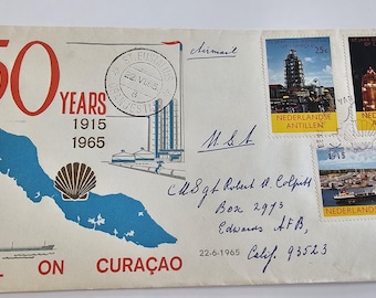 ARCHIVAL 1965 Shell Oil Curaçao 50th Anniversary Cover – First Day of Issue – Dutch Caribbean Petroleum History – Airmail to Edwards AFB