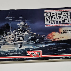 May include: A vintage "Great Naval Battles" user's manual. The cover features a detailed illustration of a battleship firing its guns, set against a dark blue background. The title is in bold white letters, with the SSI logo at the bottom.