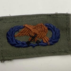 May include: A rectangular olive drab fabric patch featuring an embroidered design of a brown eagle with outstretched wings centered within a dark blue oval wreath. The patch has stitched edges and a textured surface consistent with military insignia.