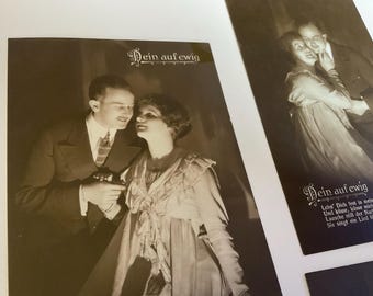Zestaw starych niemieckich pocztówek: Romantyczna para „Dein auf ewig” (początek XX wieku)
