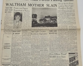 Original 1943 WWII Newspaper The Boston Herald Complete Issue Nov 29 Berlin Phosphor Bombs Kiev Holocaust Proof Jordan Marsh Comics Ephemera