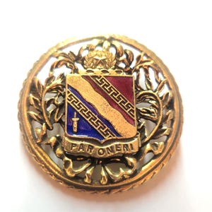 Pode incluir: Um emblema de metal dourado com um design de escudo. O escudo apresenta secções vermelhas, douradas e azuis com uma espada e o texto "PAR ONERI". O emblema é rodeado por uma borda decorativa vazada.