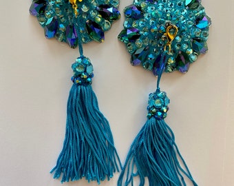 Blue and peacock pasties with blue chenille tassel