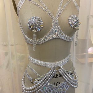 Rhinestoned Underwire Bra With Beaded Fringe, Pasties and Panty