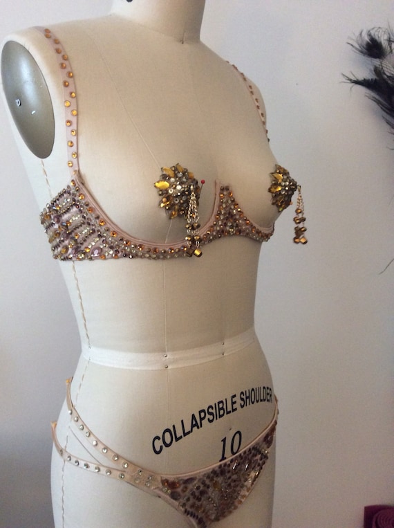 Underwire Open Cup Bra, Panty, Pasties With Tassels, Gold, Topaz