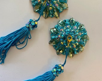 Blue pasties with blue beaded tassel