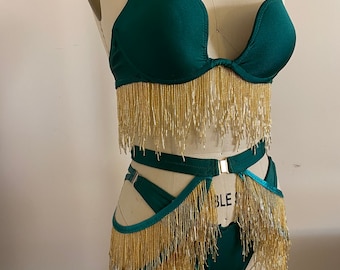 Plunge bra, panty, belt with gold beaded fringe DIY set