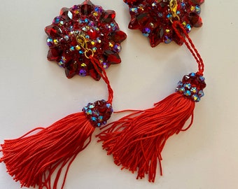 Dark red rhinestoned pasties with chenille tassels