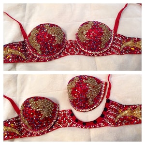 May include: A red bra with gold and silver embellishments. The bra is decorated with rhinestones and sequins.