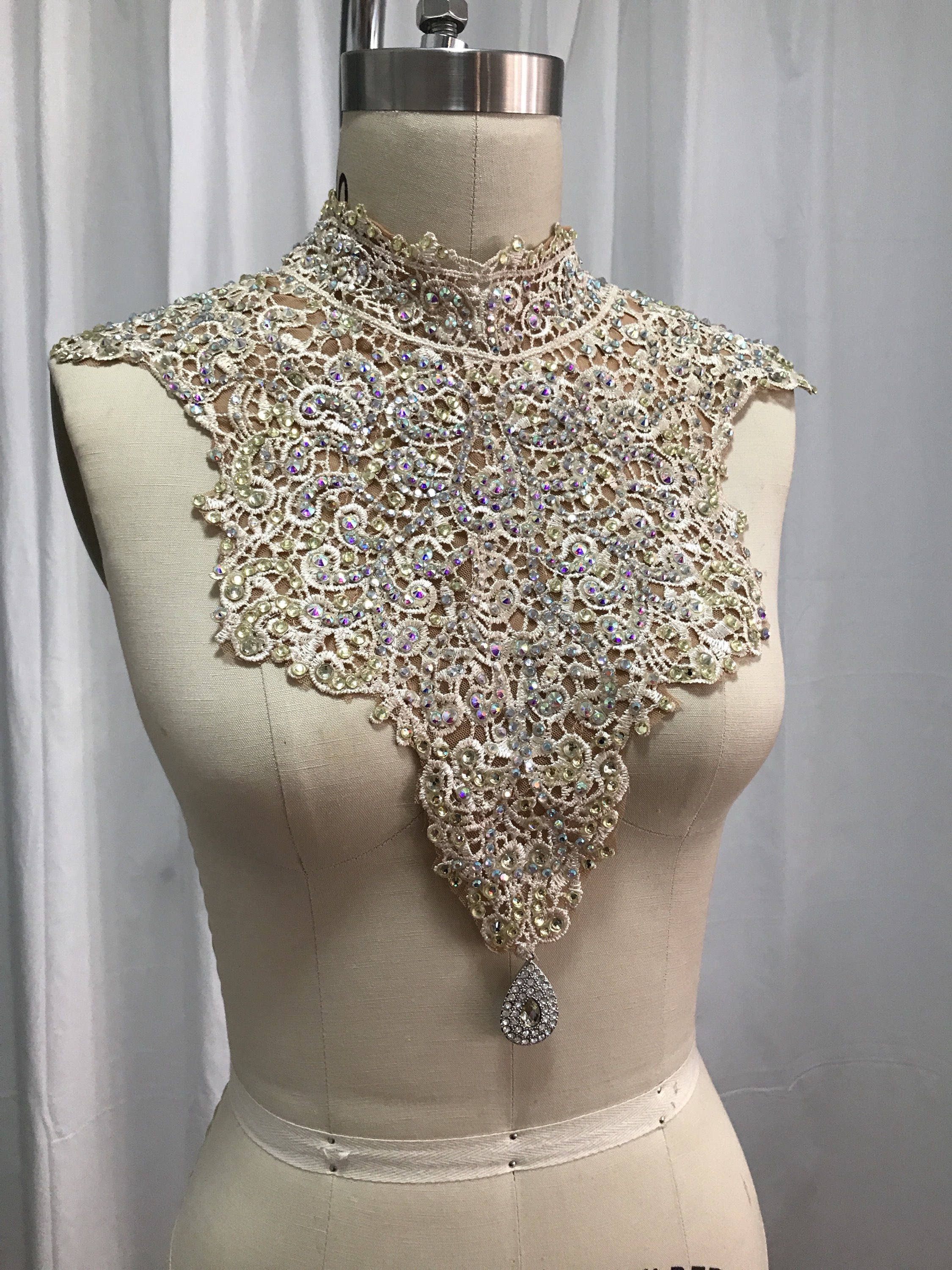 Venetian lace bib necklace, rhinestoned