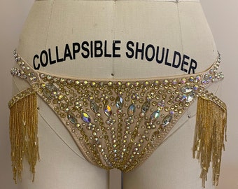 Gold and crystal AB hand rhinestoned gstring , beaded fringe shimmy belts