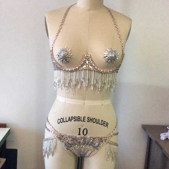 Rhinestoned Underwire Bra With Beaded Fringe, Pasties and Panty Set With  Shimmy Belts 