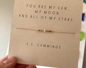 Friendship Bracelet - you are my sun moon and stars Multi bead and stone reminder bracelet on light pink silk