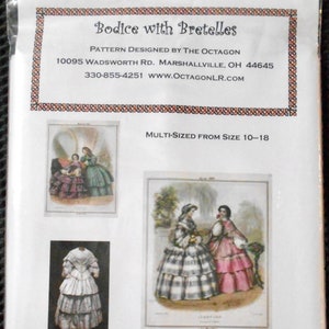 May include: A vintage sewing pattern for a bodice with bretelles, featuring two women in 19th-century dresses. The pattern is designed by The Octagon and is multi-sized from 10-18.