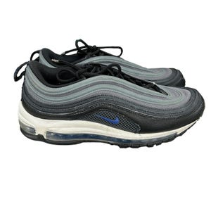 May include: Black and gray Nike Air Max 97 sneakers with a blue swoosh logo. The shoes have a white midsole and a black outsole.