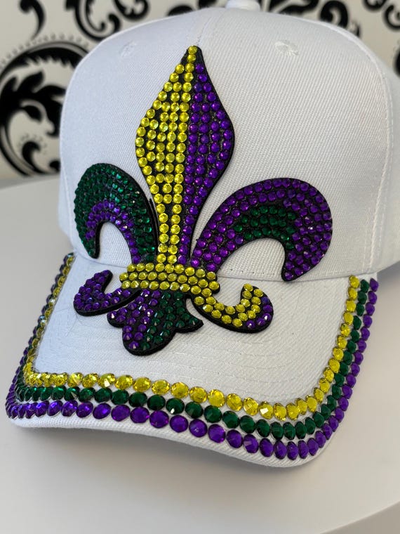 White Fleur De Lis Marti Gras Rhinestone Baseball Hat! so  display picture 2