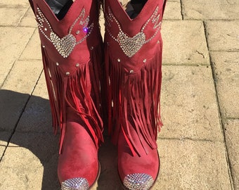 Women’s Genuine Swarovski Crystal Rhinestone Cowboy Western Boot with Fringe
