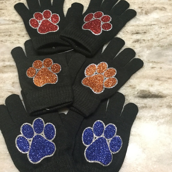 Two Tone Glitter Paw Print Logo School Spirit Knit Gloves