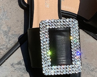 Ladies Crystal Rhinestone Square Buckle Flat Slide Sandals