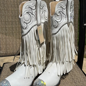 Ladies White Fringe Crystal Rhinestone Western Cowboy Boots