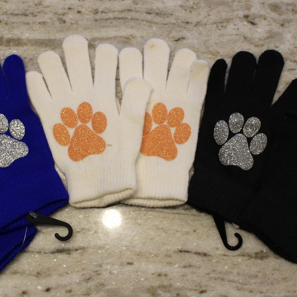 Custom Paw Print Glitter Sparkle Stretch Knit Gloves One Size Fits All